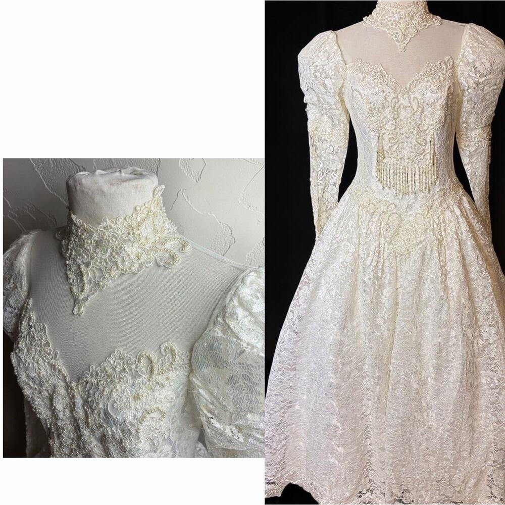 VTG 80s Victorian Lace Wedding Dress M Pearl Beaded High Neck Chapel Train Gown